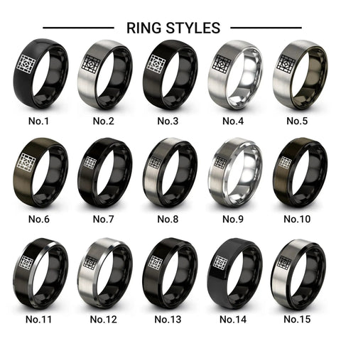 Various styles of Slick Architect Blueprint Grid Ring In Black Plated Tungsten Carbide Wedding Bands displayed in a row.