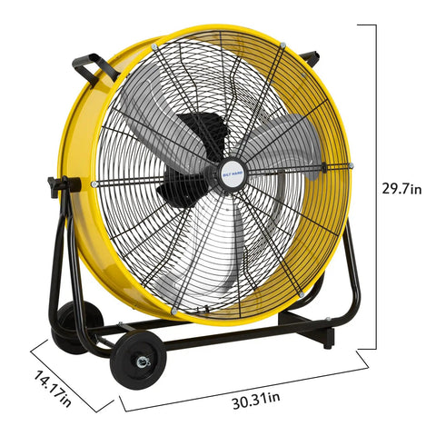 Heavy Duty 24 Inch Industrial Drum Fan With Brushless DC Motor, Ultra Quiet Powerful Airflow Up To 7800 CFM, yellow frame