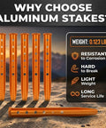 High Visibility Aluminum Tent Stakes 6-Pack, 12.6 Inch U-Shape Sand-Grip, rust-resistant, bright orange with features list on sand.