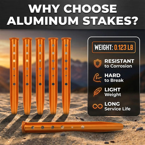 High Visibility Aluminum Tent Stakes 6-Pack, 12.6 Inch U-Shape Sand-Grip, rust-resistant, bright orange with features list on sand.