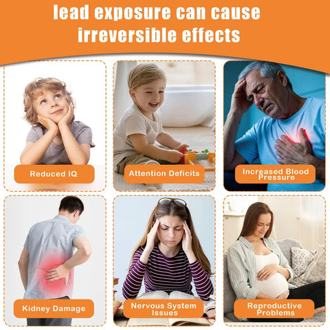 Infographic showing effects of lead exposure on health, emphasizing risks for families and children. No Fuss Straight Up Accurate Lead Water Test Kit For Drinking Water Safety At Home With Quick Ten Minute Results To Look Out For Your Little Ones And Deliver Real Peace Of Mind.