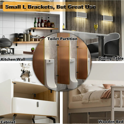 Rock Solid Four Piece L Angle Brackets For Wood Cabinets And Shelving Units Heavy Duty Stainless Steel Corner Supports With Rust Resistant Finish Smooth Ground Edges Built To Last For Weekend Warriors displayed in various uses including kitchen wall and dining table.