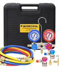 No Fuss Heavy Lifter Hvac Manifold Gauge Kit For R134a R410a R22 Refrigerant includes color-coded hoses and gauges in hard case.