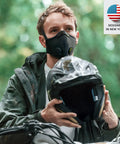 Man wearing Dust Mask With Carbon Filters And Air Valves, Reusable Three Size Fit For Woodworking, Construction And Moving, Black Large.