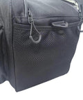 Detail of 12V Plug In Electric Car Cooler Bag, 25 Liter Portable Beverage Fridge, black mesh side pocket and zippers.