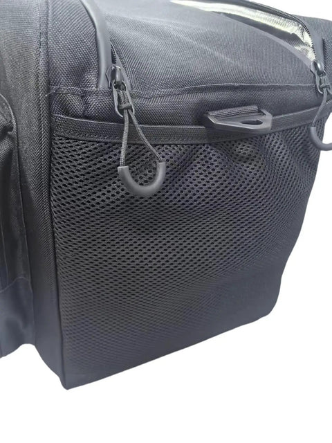 Detail of 12V Plug In Electric Car Cooler Bag, 25 Liter Portable Beverage Fridge, black mesh side pocket and zippers.
