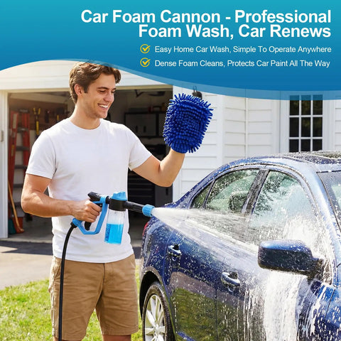 Man using All In One Foam Cannon Car Wash Kit With Garden Hose Gun, Thick Foam Gun For Home Detailing, Microfiber Wash Mitt