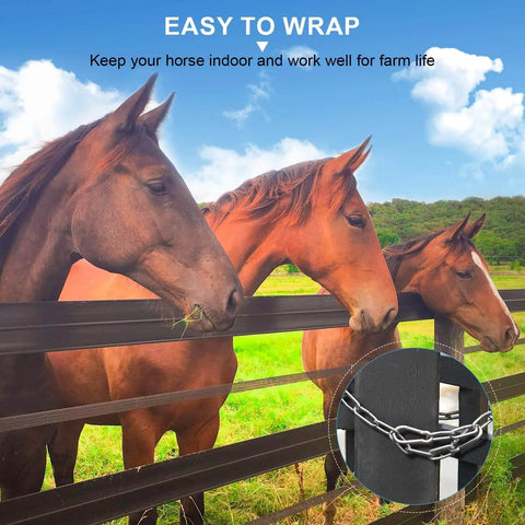 Horses behind fence with inset showing Two Pack Stainless Steel Gate Chain Lock For Outdoor Fences With Carabiner 24 Inch 5/32 Inch Links For Livestock Gate