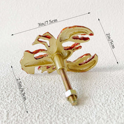 Lobster Shaped Cabinet Knobs Set of 2 Hand Painted Metal Drawer Pulls with mounting screws, size 3L x 2W x 2.5H in