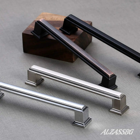 Rock Solid Matte Black Cabinet Pulls And Drawer Handles 5 Inch 10 Pack, showing three finishes on wood backdrop.