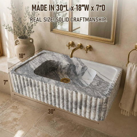 Calacatta Viola Marble Fluted Sink, 30x18x7, wall mounted, hand-carved natural stone vanity basin with elegant fluted design.