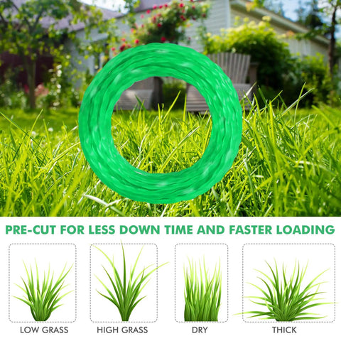 0.080 Inch String Trimmer Line, 157 Ft Pre Cut Twisted, Heavy Duty Replacement For Greenworks 80V 60V 48V 40V 24V Cordless Trimmers, Compatible With GST80320 STB301 ST60B212 ST60B02 BL60L00 STE405 21142, 9 Pack on grass background.