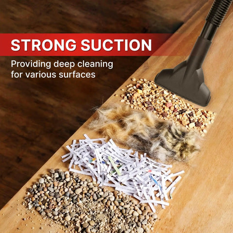 Compact Wet Dry Vacuum With 2 Point Zero Peak Hp Motor and 1 Point Five Gallon Bucket tackling debris on wood surface.