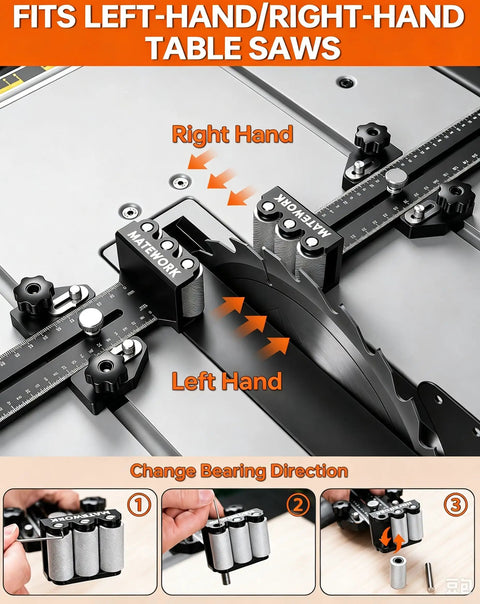 Pro Shop Grade Thin Rip Jig For Table Saw Featuring Three Heavy Duty Rollers And Universal Miter Slot Adapter Delivering Dead Straight Cuts, adjustable for left or right-hand use.