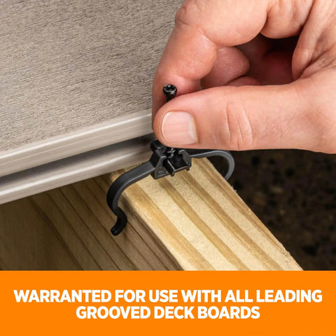 Heavy Duty Universal Hidden Deck Fastener Clips for Wood Composite and PVC Grooved Boards No Sweat Setup and One Pass Fastening Tough as Nails 900 Pack Outdoor Deck Hardware installation process