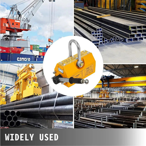 Heavy Duty Magnetic Lifter With Quick Release Switch For Steel Plates Round Bars And Metal Blocks shown in a warehouse lifting steel.