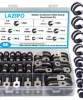 Front view of Lazipo 68-piece rubber cushioned cable clamp kit in clear storage case with 8 sizes from 1/4 to 1 inch