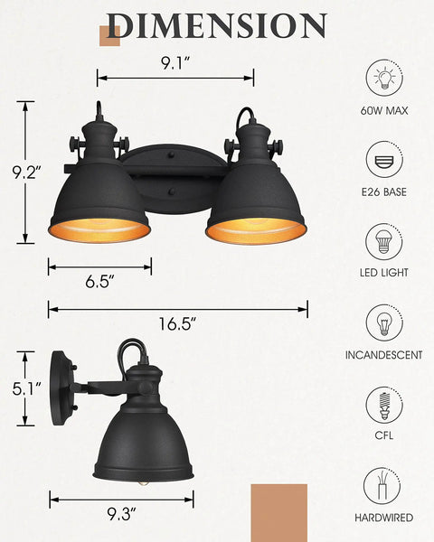 Industrial Style Bathroom Vanity Lights Two Light Wall Sconce Mounted Over Mirror Black Metal Frame Fixture dimensions diagram