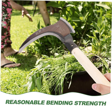 Portable Multifunctional Grass Clearing Sickle For Weeding Harvesting And Gardening With Ergonomic Manganese Steel Handle displayed