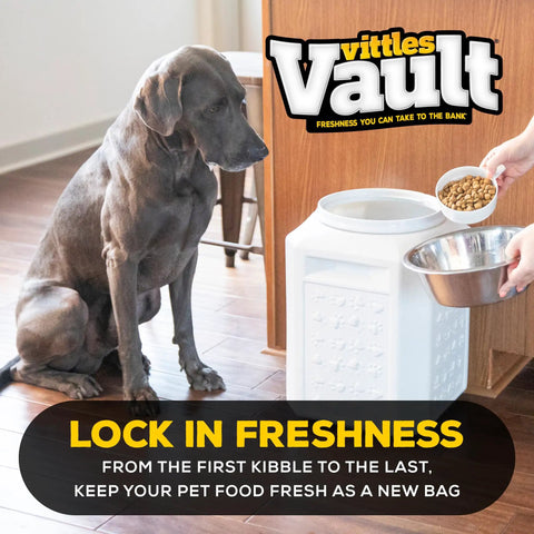 Dog beside Air Tight Pet Food Storage Canister With Gamma Seal Lid, pest proof kibble keeper for dog and cat, 35 lbs capacity