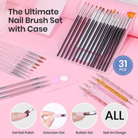 All In One Nail Art Kit With Case 31 Piece Set Including Dual Ended Dotting Tools Liner Brushes Striping Tools