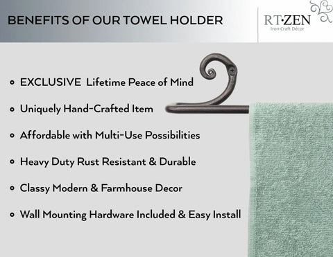 Farmhouse Style Matte Black Wrought Iron Towel Holder, Wall Mounted Towel Bar For Bathroom And Kitchen, Hand Forged Metal Hanger