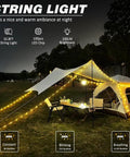 Rechargeable 32.8ft Camping String Light illuminating a tent and awning with warm ambient glow for outdoor gatherings
