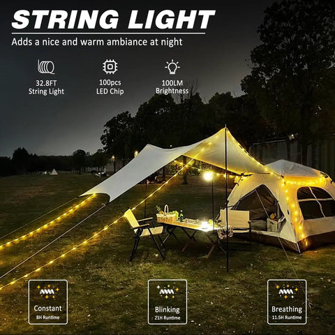 Rechargeable 32.8ft Camping String Light illuminating a tent and awning with warm ambient glow for outdoor gatherings
