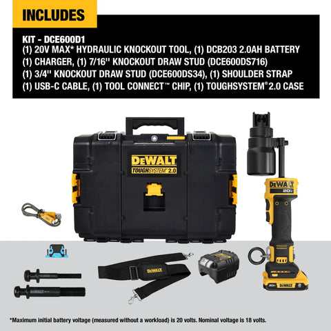 20V Knockout Tool Kit with included DeWalt DCE600D1 components, featuring hydraulic knockout tool, battery, charger, and accessories.