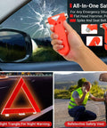 Collage of emergency tools: hammer shattering car window, warning triangle, man in safety vest with car, Grab And Go Emergency Car Kit