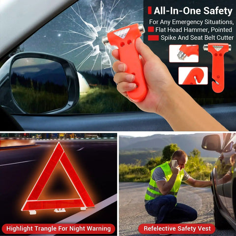 Collage of emergency tools: hammer shattering car window, warning triangle, man in safety vest with car, Grab And Go Emergency Car Kit