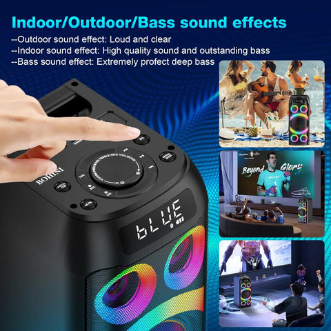 160W Peak Bluetooth Party Speaker With Deep Bass And Subwoofer showcasing controls and LED lights in use at various events