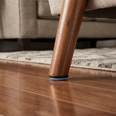 Wooden furniture leg with a PTFE slider on a hardwood floor, part of 16 Pack 1 Inch Nail-On Furniture Sliders For Wooden Furniture Legs
