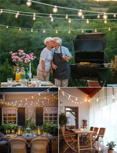 Outdoor String Lights 25 Feet G40 Globe Bulbs With 27 Edison Glass Bulbs Plus 2 Spares used for patio and porch lighting.
