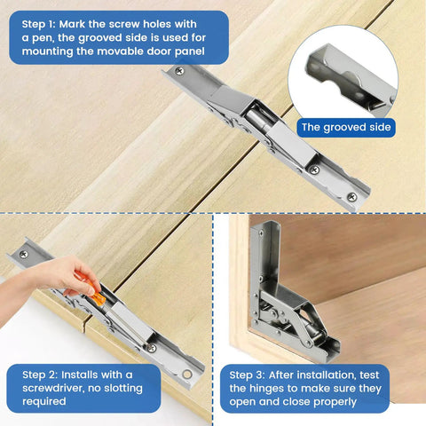 Tough As Nails 4 Pack 90 Degree Folding Hinges Nickel Plated Steel Cabinet Hardware installed on wooden furniture for smooth operation.