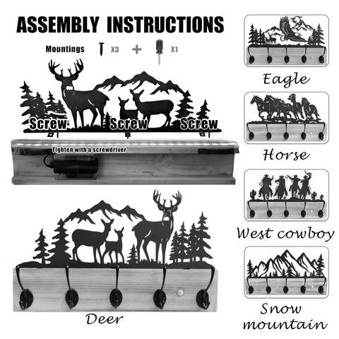 Assembly instructions for Wooden Deer Coat Rack With Five Hooks And Built-In Motion Sensor Light, wall mounted entryway organizer.