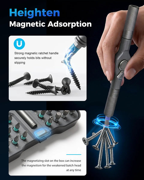 32 In 1 Magnetic Ratchet Screwdriver Set With Removable T Handle demonstrating magnetism with screws