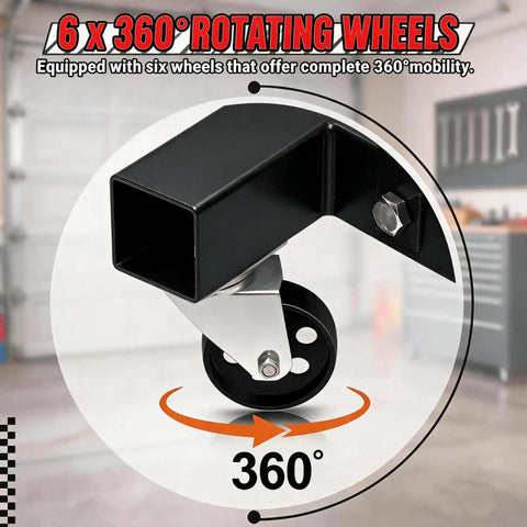 Top Shelf 2 Ton Hydraulic Engine Hoist Foldable Cherry Picker With Quad Position Telescopic Boom 4400 Lbs Capacity showing 360° rotating wheels for mobility.