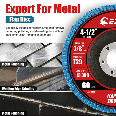 4.5 Inch Flap Disc for Angle Grinder 60 Grit Zirconia Type 29 Abrasive Wheel showing metal polishing uses