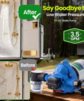 12V Water Pump With 3.5 GPM Flow Pure Copper Diaphragm Motor Self Priming Design in RV shower setup before and after comparison.