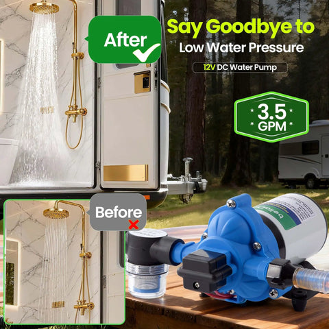 12V Water Pump With 3.5 GPM Flow Pure Copper Diaphragm Motor Self Priming Design in RV shower setup before and after comparison.