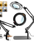 10X Magnifying Glass With Light And Stand, 84 LEDs, black clamp lamp setup with adjustable arm and dimmable modes display