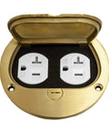 Brass Flip Lid Floor Box Cover 4 Inch Diameter With 20A Tamper Weather Resistant Duplex Receptacle And Watertight Gaskets UL Listed