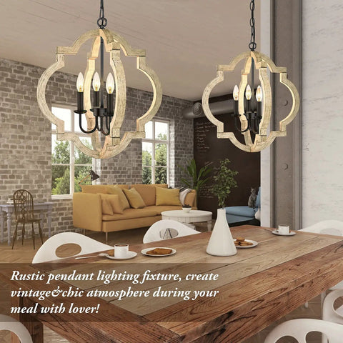 Cozy Farmhouse Orb Chandelier Four Light Rustic Pendant Ceiling Lights with wood frame in dining room setting