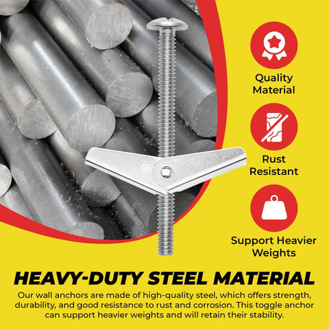 Spring Toggle Bolt Anchors Heavy Duty Wall Anchors For Hollow Walls Stainless Steel Hollow Wall Anchors For Frames Shelves Mirrors 20 Pack Quarter Inch By Three Inch Ideal For Hanging Heavy Frames Shelves And Mirrors In Drywall Without Studs featuring a close-up of the anchor and steel rods.