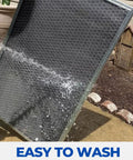 Washable Electrostatic Air Filter 16x25x1 Reusable HVAC And Furnace Filter being cleaned with water spray outdoors