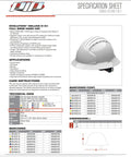 Specification sheet showing a Full Brim Hard Hat With HDPE Shell, Wheel Ratchet Adjustment, Vented 6-Point Suspension, White Safety Helmet