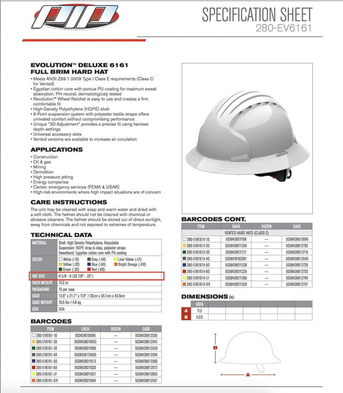 Specification sheet showing a Full Brim Hard Hat With HDPE Shell, Wheel Ratchet Adjustment, Vented 6-Point Suspension, White Safety Helmet