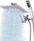 All Metal 8 Inch Dual Square Rain Shower Head With Handheld Spray, Chrome Finish, water flowing from shower head and wand