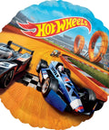 Racing Theme Balloon Bouquet Pack Of 5 Foil Balloons In Bright Multi Color, Uninflated Retail Set showing hot wheels race cars